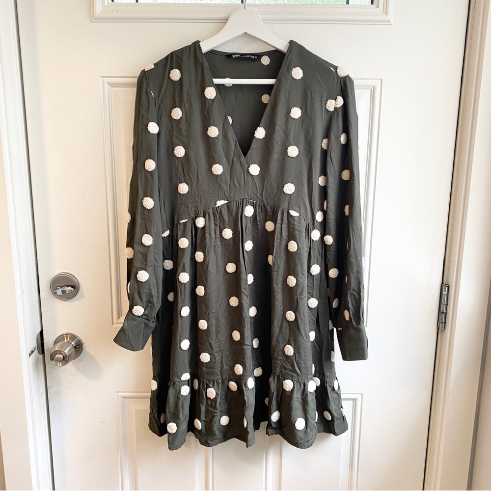 Zara olive green ruffled long sleeve polka dot dress